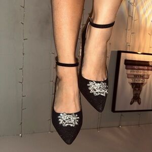 Glitter BLACK Mary Jane Crystal Pump High Heel Embellished Toe Shoes Pointed 7